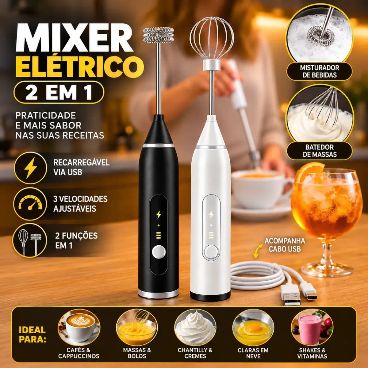 Mini Mixer Misturador De Bebidas Elétrico 2 Em 1 Portátil Recarregável Mexedor De Ovos Leite Whey Café Espuma Shake Drinks Capuccino Suco Blackbom