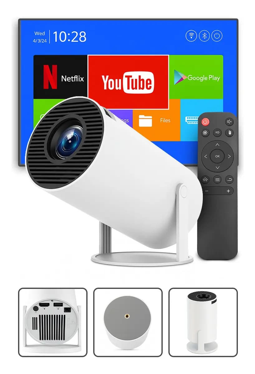 Mini Projetor Davely HY300 4K Android com Wi-Fi e Bluetooth Portátil Cinema Em Casa Imagem Nítida Controle Remoto Tela Grande Para Filmes Jogos Aulas Apresentações Alto Falante