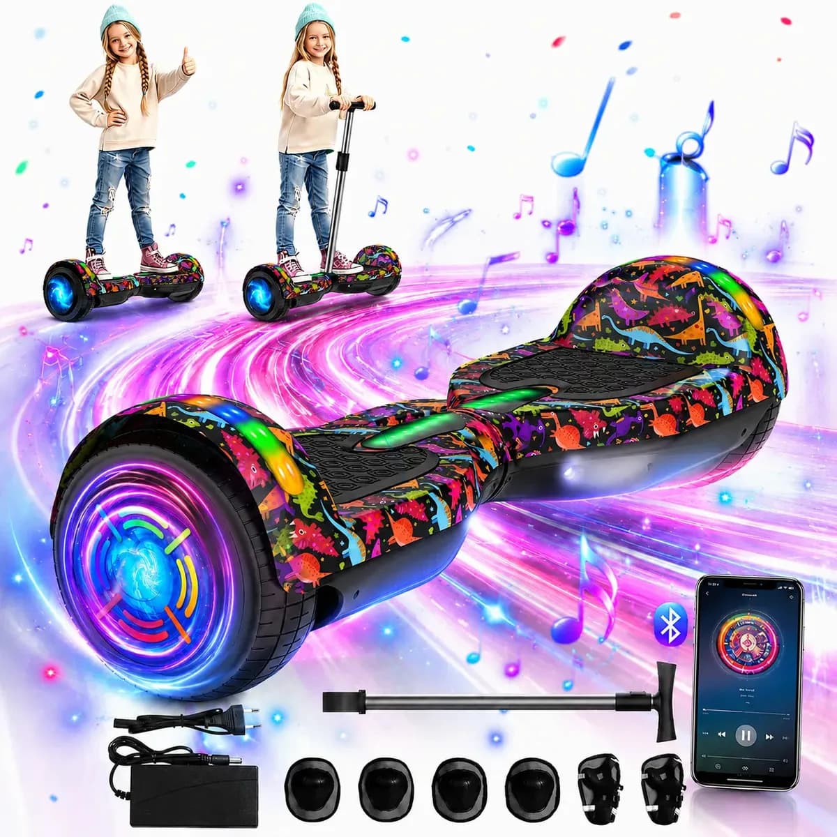 Hoverboard Elétrico 6.5" Primeware Dino Preto Com Bluetooth e LED Para Crianças e Adultos