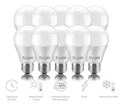 Kit 10 Lâmpadas Bulbo LED Elgin 15W, Luz Branco-Frio 6500K