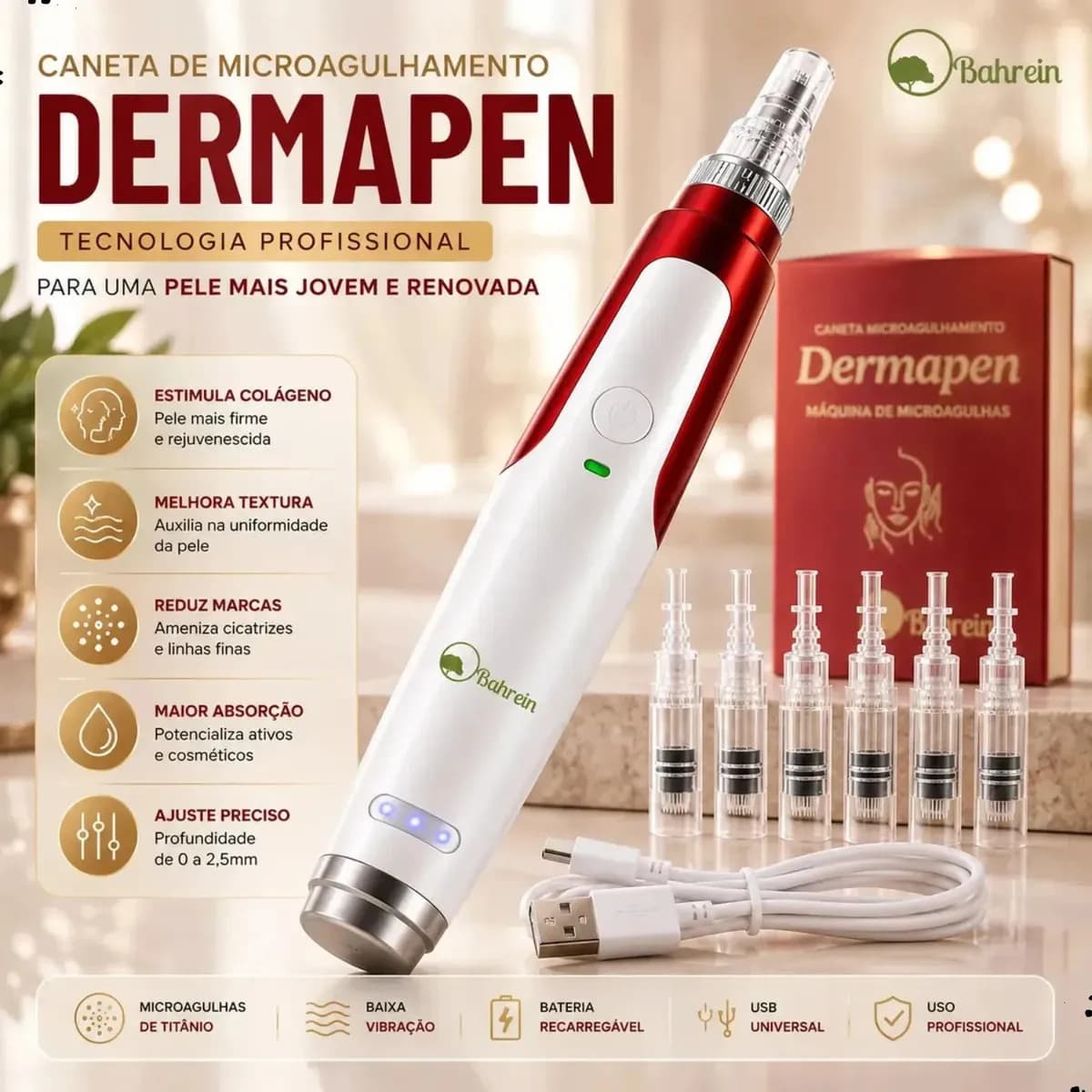 Caneta Microagulhamento Dermapen Portátil Com 5 Cartuchos E Carregador Microagulhamento Facial Derma Pen Caneta Dermapen Microagulhamento Bivolt Titânio 2.5mm Profissional Bahrein