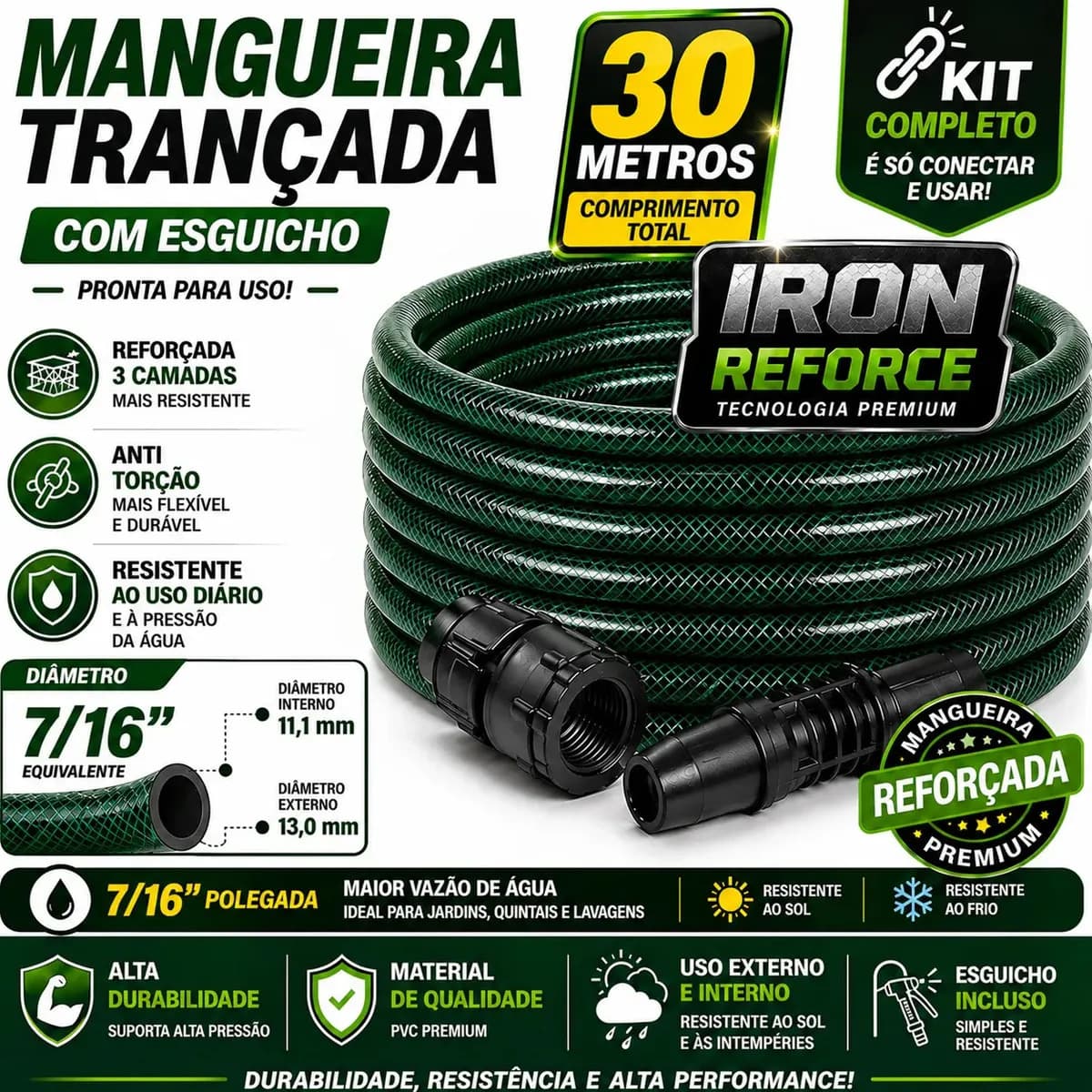 Mangueira Jardim 30 Metros Com Esguicho Trançada Mangueira Jardim 30m Metros Reforçada Flexível 7/16 Anti Mangueira De Jardim 30 Metros Dobra Irrigação Quintal Poço Lavagem Durável Lemont Web Verde