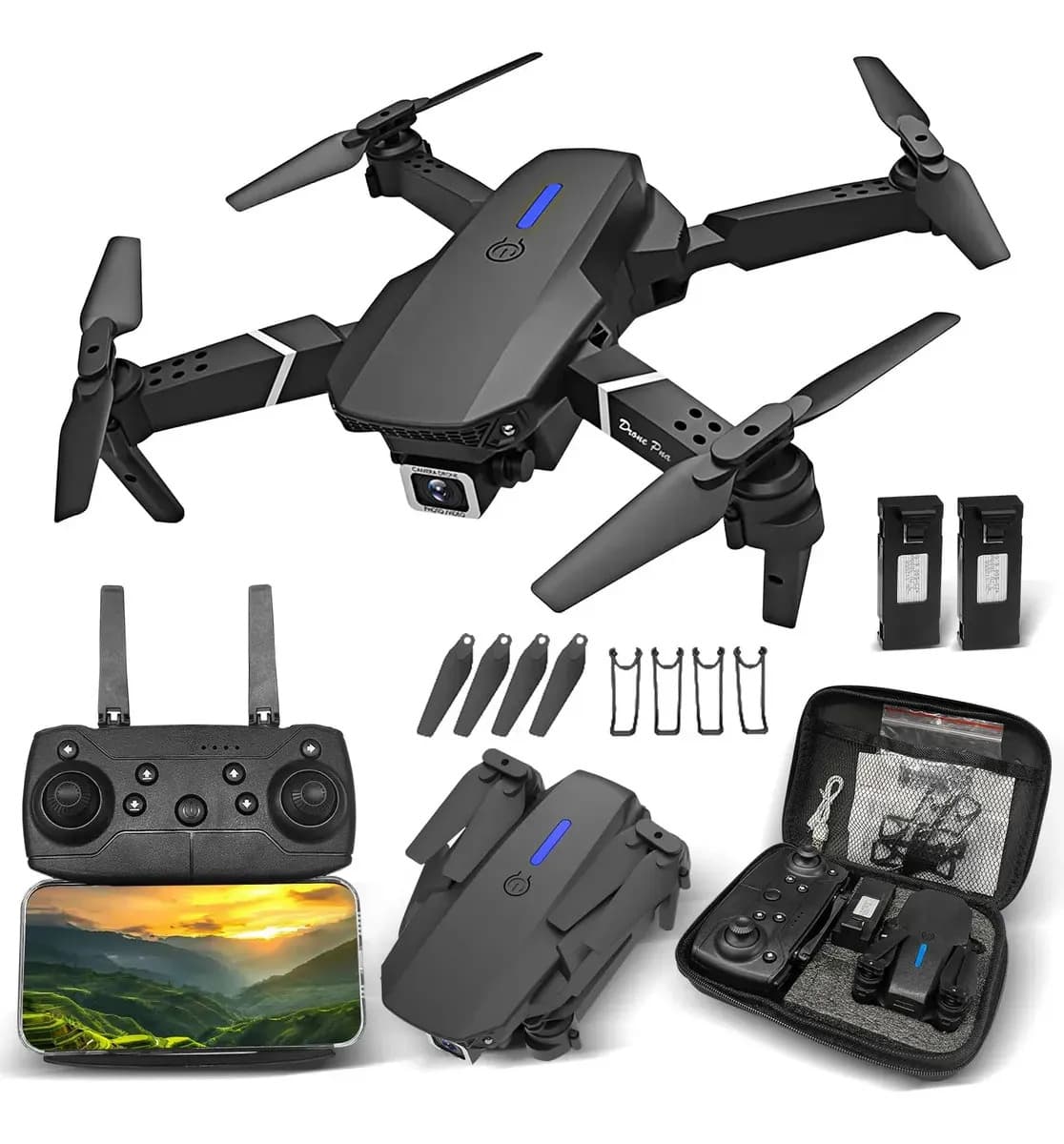 Mini Drone E88 Pro Com Câmera Dupla Wifi Com Case 2 Baterias + Controle Remoto Drone 2.4 Ghz Preto