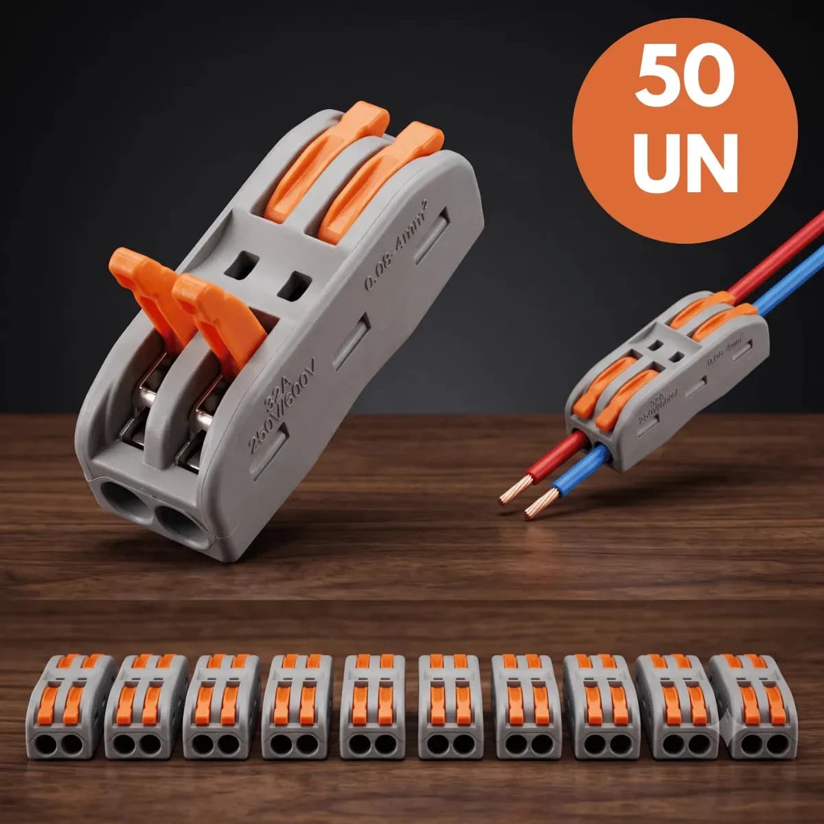 Kit 50 Conectores de Fio Elétrico Emenda Rápida 2 Vias até 4mm com Alavanca uso Profissional e Doméstico