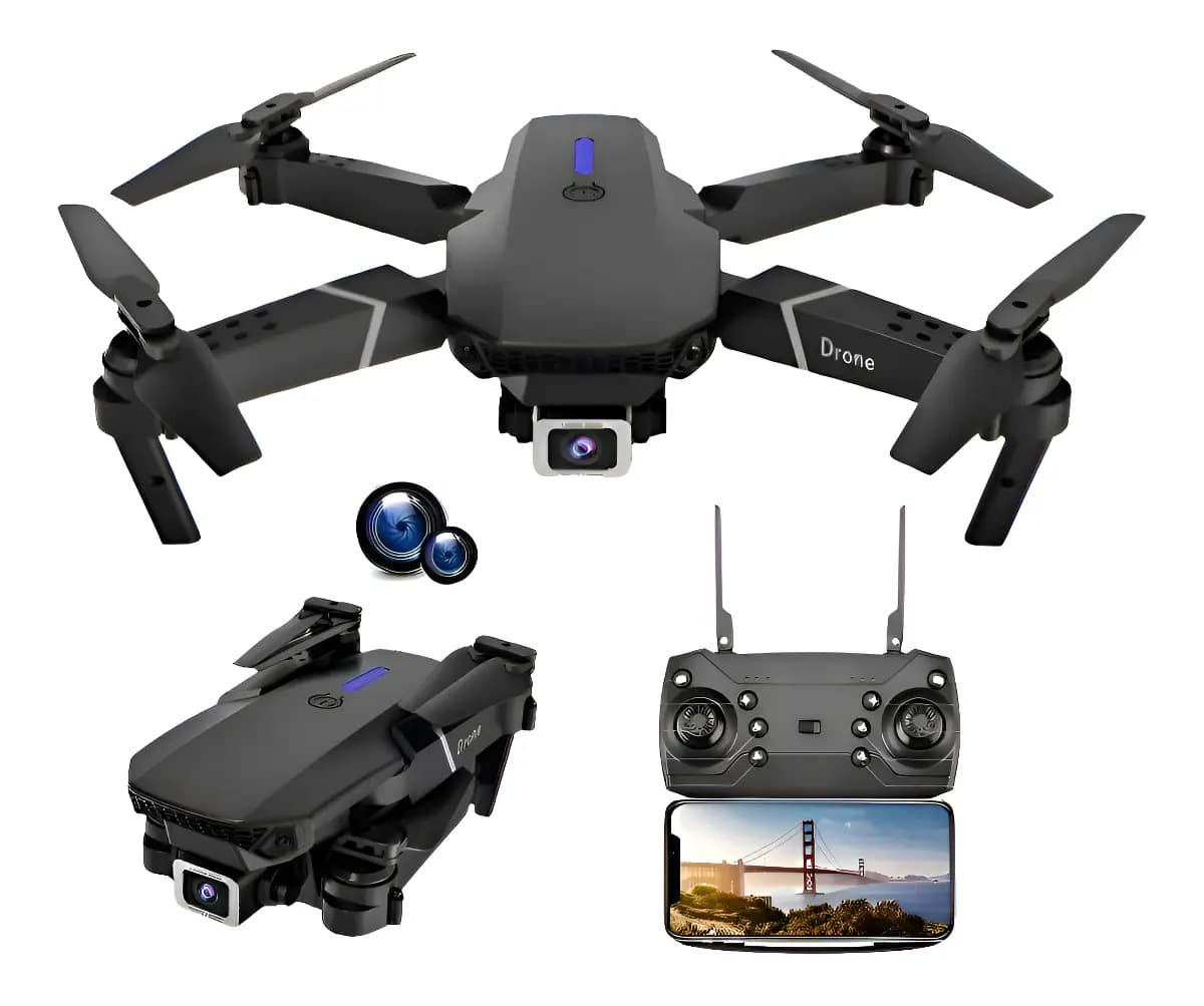 Drone E88 Com Câmera Wifi Com Case 1 Baterias + Controle Remoto Drone Preto Profssional