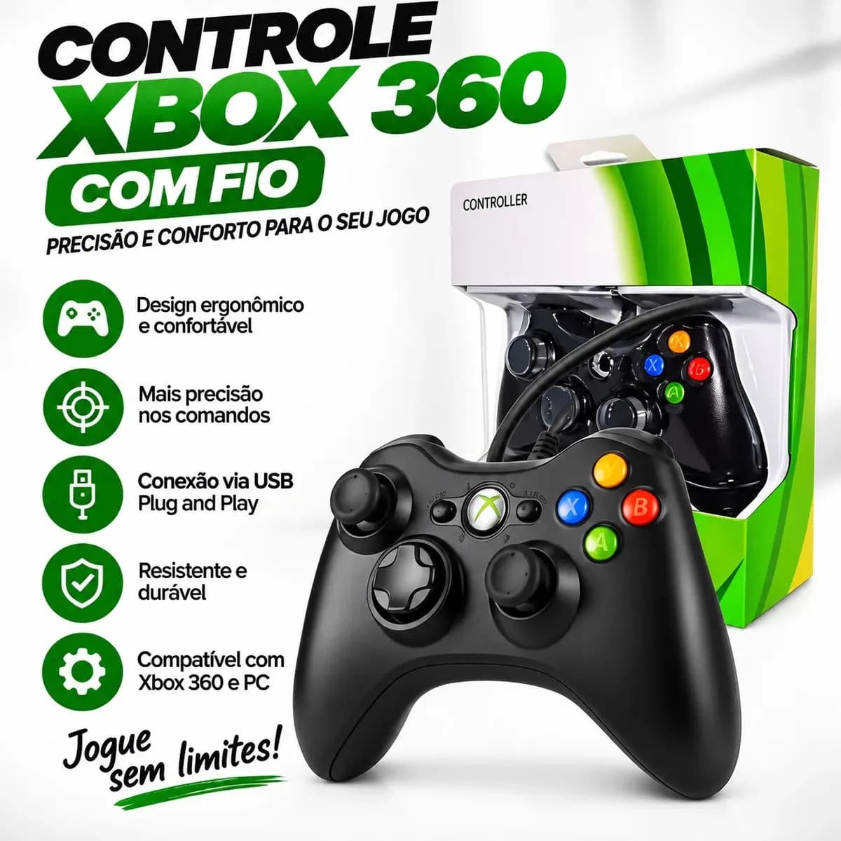 Controle Para Xbox 360 Com Fio Joystick Manete Gamepass Steam Tv Pc Android - Crowley