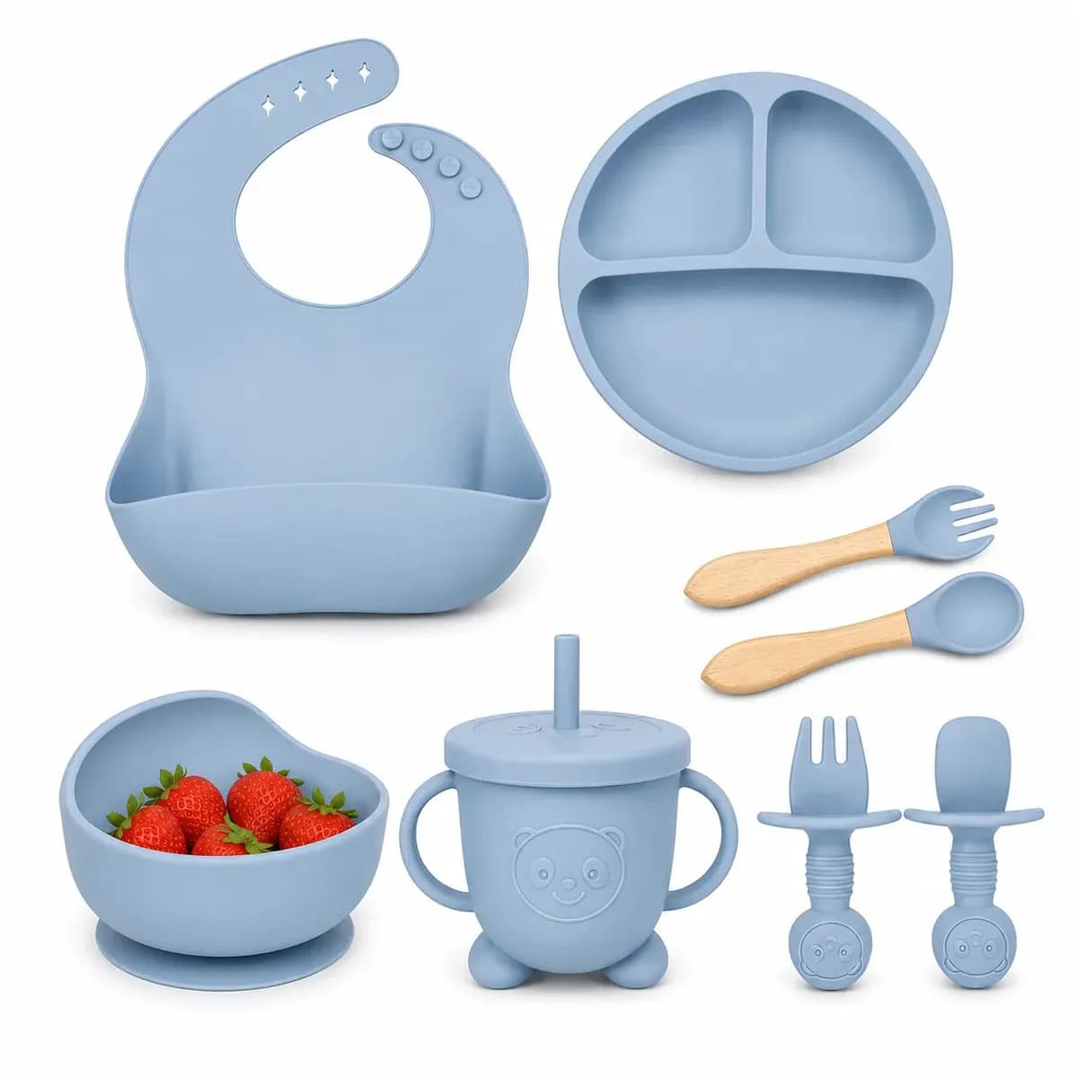 Kit Introdução Alimentar de Silicone Lapritu Kids, Azul Claro – 8 Peças para Bebê