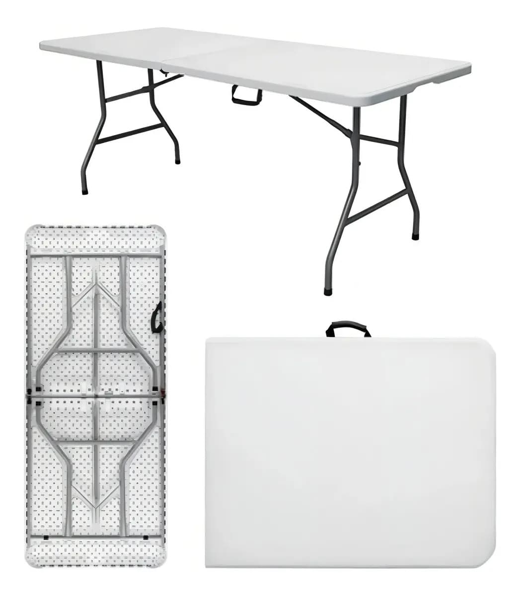 Mesa Dobrável Vira Maleta Com Alça Portátil 1.80m Para Camping Pesca Jardim Área Externa Ou Interna Salão De Festas Gourmet Cor BrancoLuvinco