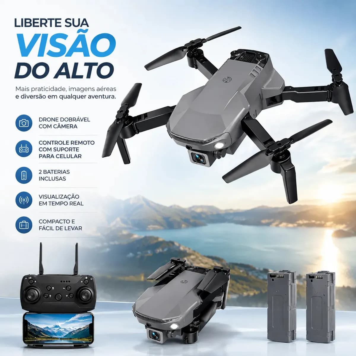 Mini Drone Pro 4K Dobrável Wi-Fi FPV Câmera 2 Baterias Presente Dia das Crianças