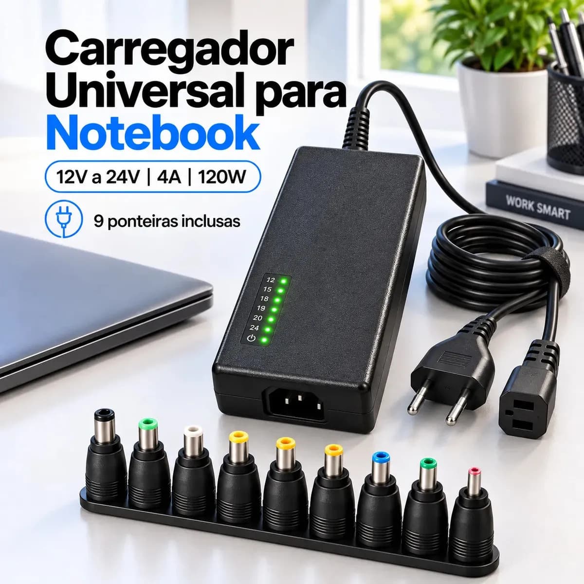 Fonte Carregador Notebook Universal 120w 12v - 24v Laptop Preto 9 Pinos Bivolt Compatível Lenovo Dell Acer Samsung Positivo Turbo Sony Ajustavel
