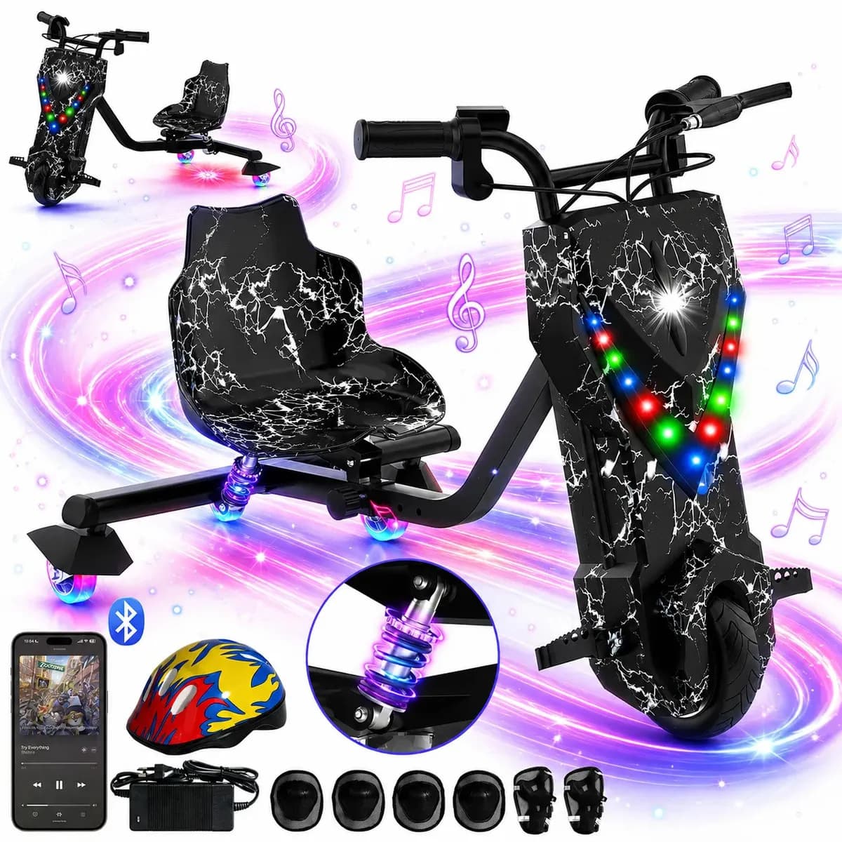 Patinete Elétrico Primeware 350W para Drift com Bluetooth, Luzes RGB e Kit de Proteção