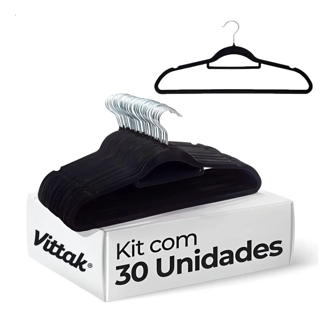 Vittak Kit 30 Cabides Veludo De Roupa Antideslizante Slim Adulto Cor Preto