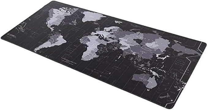 Mouse Pad Gamer 80x30, Mapa Mundi, Base Antiderrapante, Preto e Cinza, Grande, Escritório e Gaming