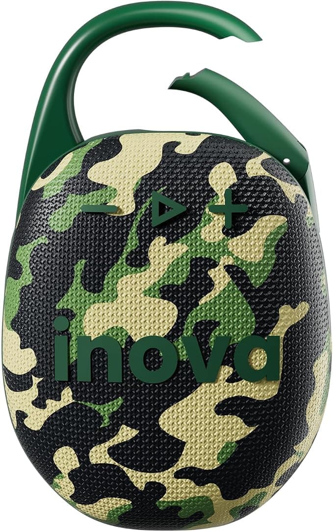 INAVA Caixa de Som Bluetooth, Clip 5, Som Estéreo, 12 Horas de Reprodução, Conectividade Bluetooth 5.4, IPX6, Mosquetão Integrado, Ideal para Praia, Quarto e Viagens ao Ar Livre (Camuflagem)