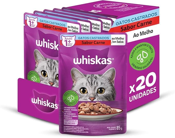 Pack Ração Úmida Whiskas Sachê Carne ao Molho para Gatos Adultos Castrados 85 g - 20 unidades | Amazon.com.br