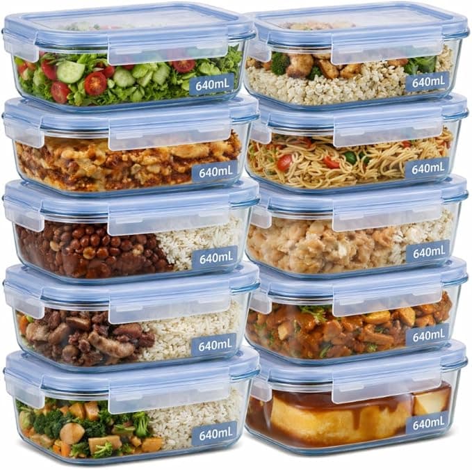 Kit 10 Potes de Vidro Herméticos 640ml com 4 Travas Ideal para Marmitas e Conservação de Alimentos, Vedação Total, Refratário para Forno e Freezer | Amazon.com.br